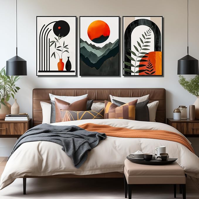 Framed Boho Wall Art for Living Room, Bohemian Canvas Wall-Decor for Bedroom, Mountian Moon and Geometric Shapes Picture Prints, Size 24 x 36 Inches 3-Pieces