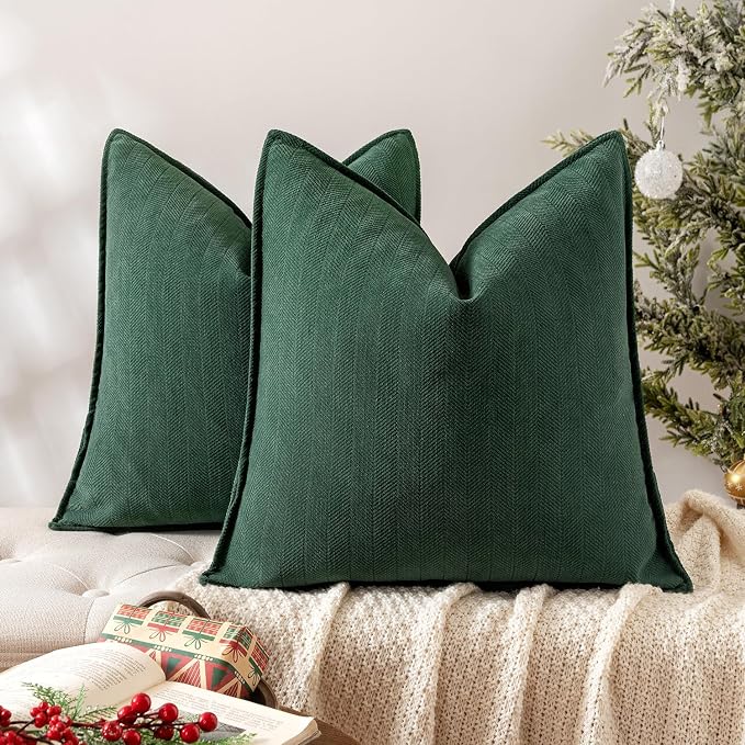 MIULEE Pack of 2 Green Decorative Chenille Pillow Covers 18x18 Inch | Soft Couch Throw Pillows,Farmhouse Cushion Covers with Elegant Design for Sofa,Bedroom,Living Room,Spring Home Decor