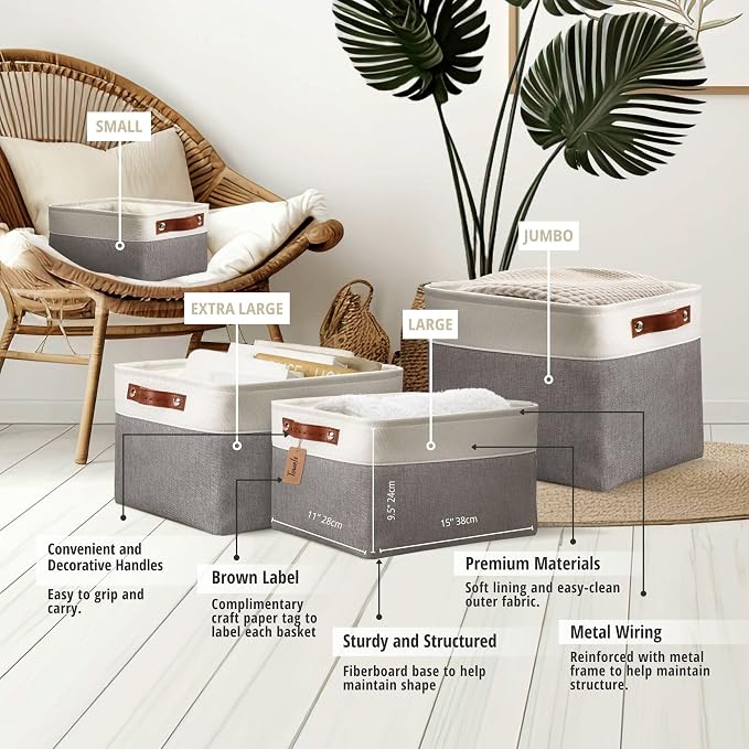DECOMOMO Storage Bins, Large Fabric Storage Baskets for Shelves 3 Pack | 15 x 11 x 9.5 inches Decorative Linen Closet Organizers (Grey & White)
