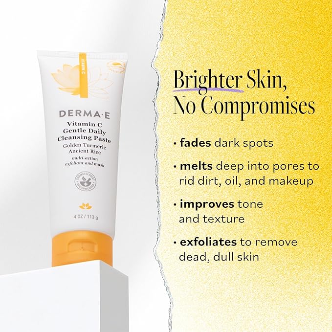 Derma E Vitamin C Gentle Daily Cleansing Paste, 4.0 Oz, Vitamin C Face Mask or Facial Wash with Turmeric, Brightening and Clarifying Facial Mask and Scrub