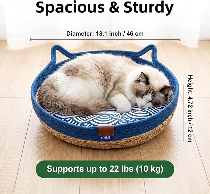 VIVIKIT Natural Cattail Cat Bed for Indoor Cats, 18.1" x 4.7"（Blue） | Natural cattail, cotton trim, all season, scratch-proof, teaser ball, removable washable pad, for cats & dogs up to 22 lbs
