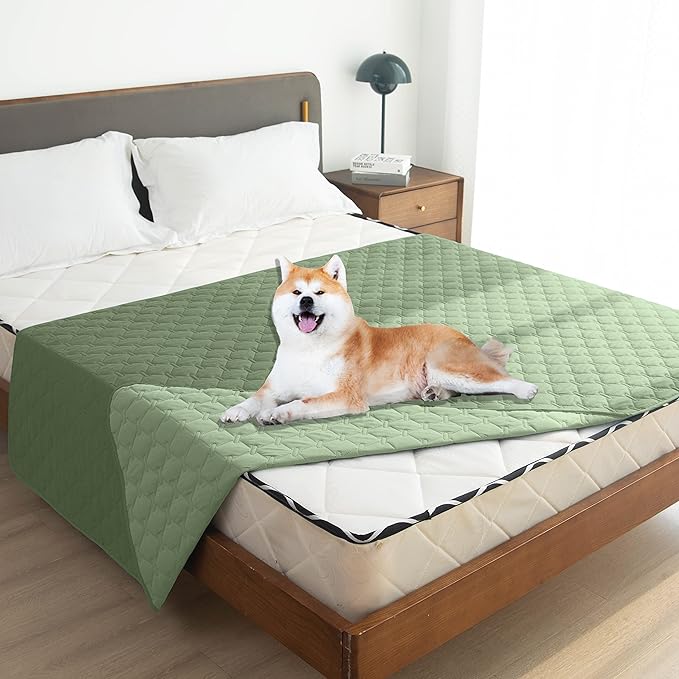 gogobunny Waterproof Dog Blankets for Large Dogs, Pet Bed Cover Breathable | Washable Pee Pads, Quilted Throw Blanket, Furniture Protector for Couch Sofa Bed Car, 82x82 Inch Dark/Light Green