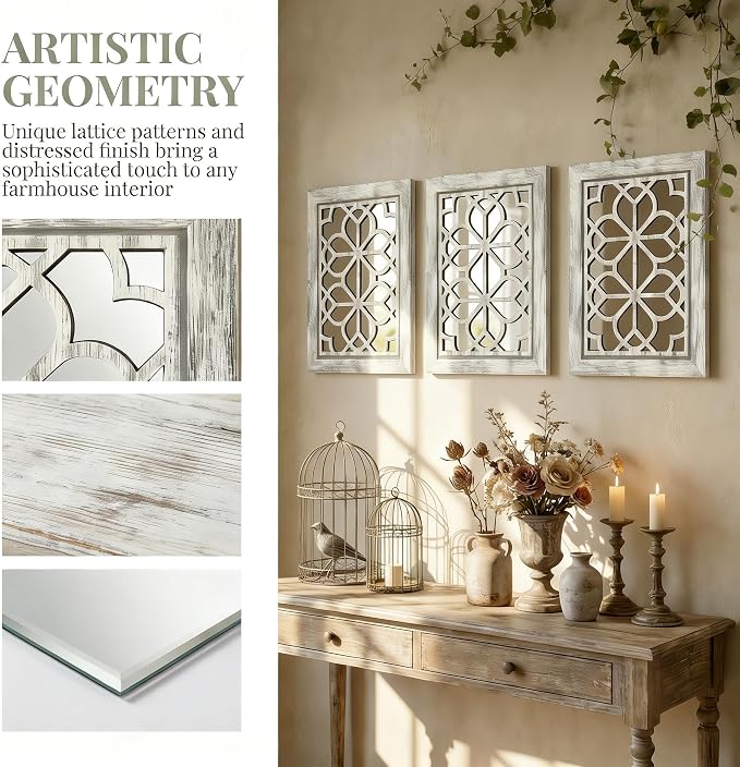 Set of 2 11x15 Inch Rectangular Shatterproof Grey Decorative Wall Mirrors, Boho Farmhouse Rustic Vintage Accent Mirrors for Living Room Bedroom Entryway & Home Decor