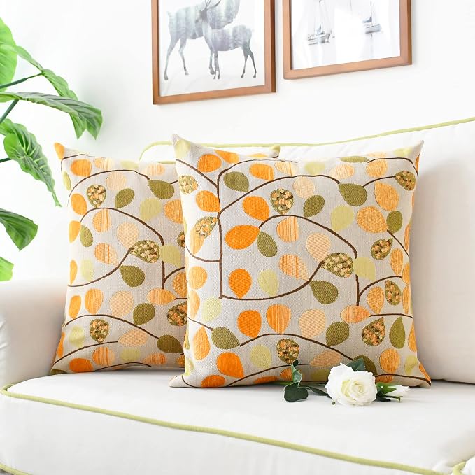 CaliTime Decorative Throw Pillow Covers 18 X 18 Inches Ecru Orange | Luxury Chenille Cute Leaves Cushion Case Shell for Couch Sofa Bed Living Room Home