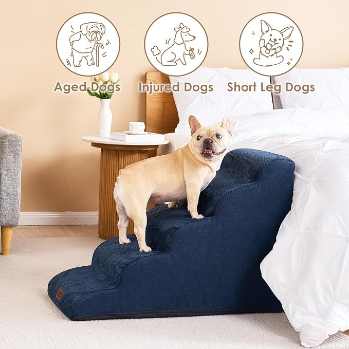 EHEYCIGA Curved Dog Stairs Ramp, 5-Step High Beds, 22.6" H Pet Step | 33D density of pure foam, for Small Dogs and Cats, Pet Stairs for High Bed Climbing, Non-Slip Balanced Indoor, Navy