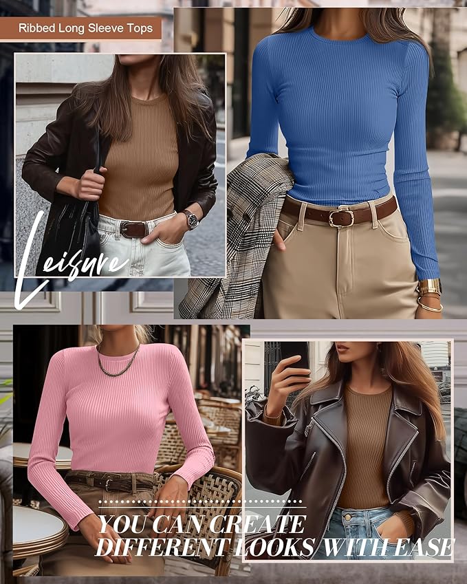 Ficerd 3 Pack Women's Ribbed Long Sleeve Tops, Crew Neck Slim Fit Undershirts Knit Basic Casual Stretch Layering Tee Shirts