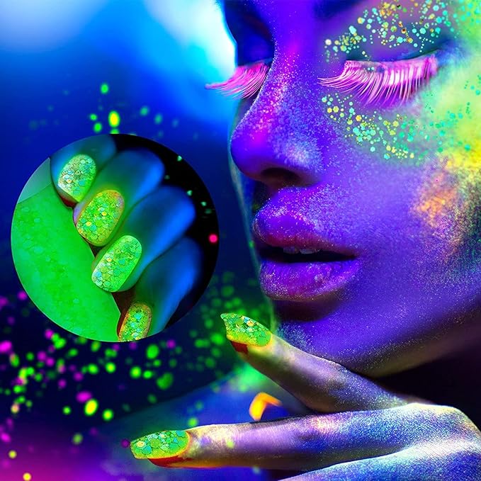 12 Color Glow in The Dark Gel Glitter - UV Black Light Reactive for Face, Body, Eyeshadow, No Glue Needed - Perfect for UV Parties, Festival & Rave Makeup-Glitter for Cosmetic Purposes