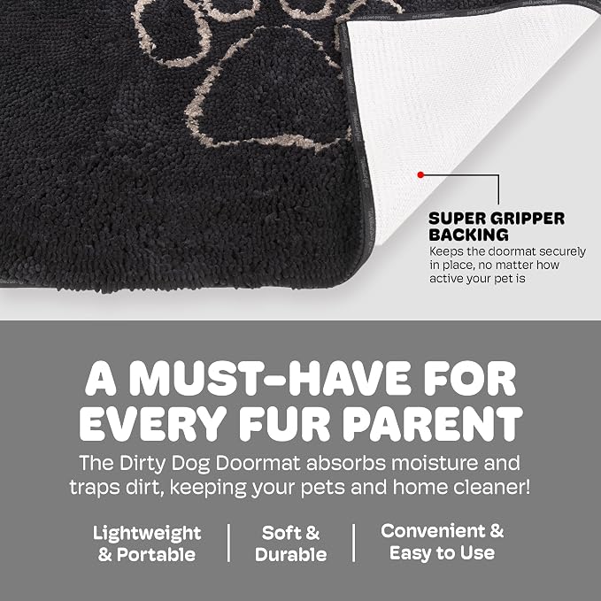 Dog Gone Smart Dirty Dog Doormat - Fast Drying Rug with Super Gripper Backing for Clean Floors - Super Absorbent and Machine Washable Mat for Muddy Paws - Black Hue | Super Gripper Backing for Clean Floors - Absorbent Microfiber and Machine Washable Ma...
