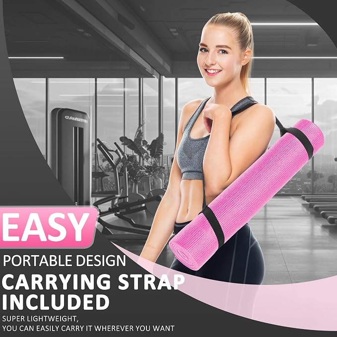 Signature Fitness All Purpose 0.25 Inch Thick High Density No Tear Exercise Yoga Mat with Strap & Lightweight Features for Indoor & Outdoor Use, Pink