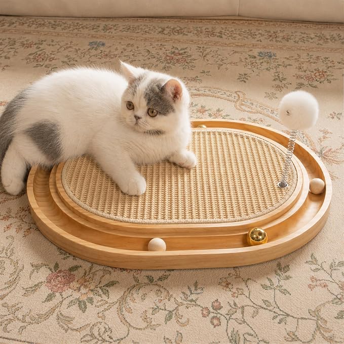 CHEERHOME PETS Sisal Cat Scratcher Pad, Wooden Interactive Cat Puzzle Toy