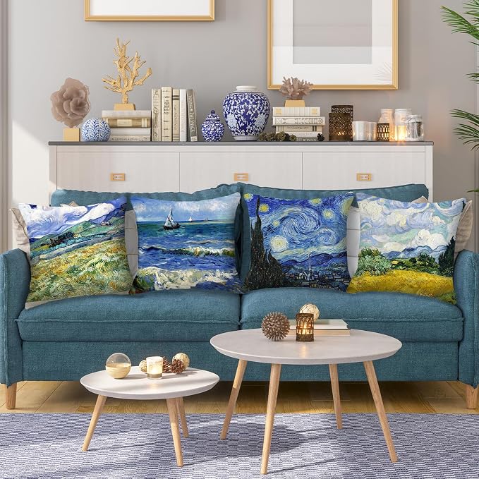 Vincent Van Gogh Pillow Cases Set of 4 Abstract Art Design Cushion Covers Square Decorative Pillow Covers for Famous Painting Fans 18 x 18 Inches
