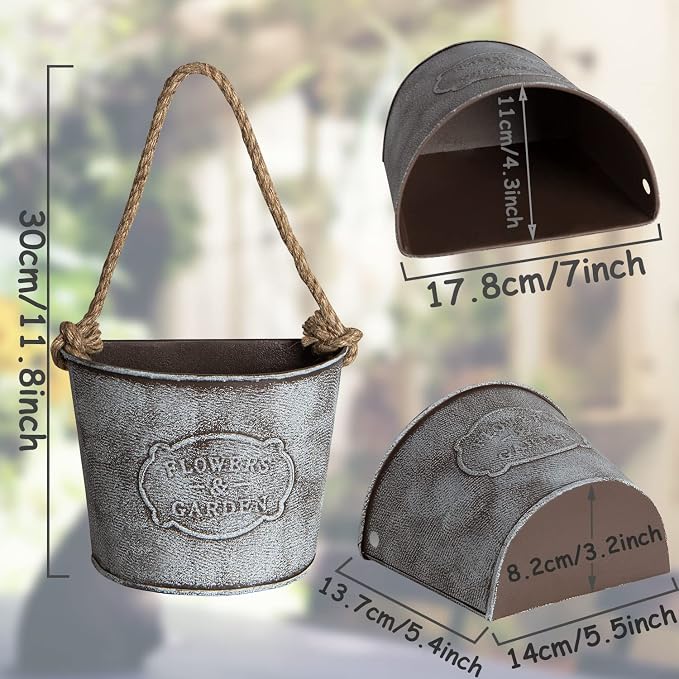 XONOR 4Pcs Galvanized Metal Hanging Wall Planter, Rustic Wall Flower Vase for Succulents Herbs Country Home Farmhouse Decoration (2)