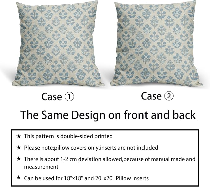 Light Blue Floral Pillow Covers 24x24 Inch Set of 2, Vintage Flower Block Print Pattern Decorative Throw Pillowcases Outdoor Farmhouse Cushion Covers Spring Summer Rustic Sofa Couch Bed Decor