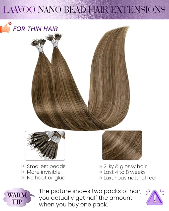 LaaVoo Nano Bead Hair Extensions Human Hair Balayage Nano Ring Hair Extension Light Brown Mix Dark Golden Blonde Nano Extensions Human Hair 22 Inch 50s 50g