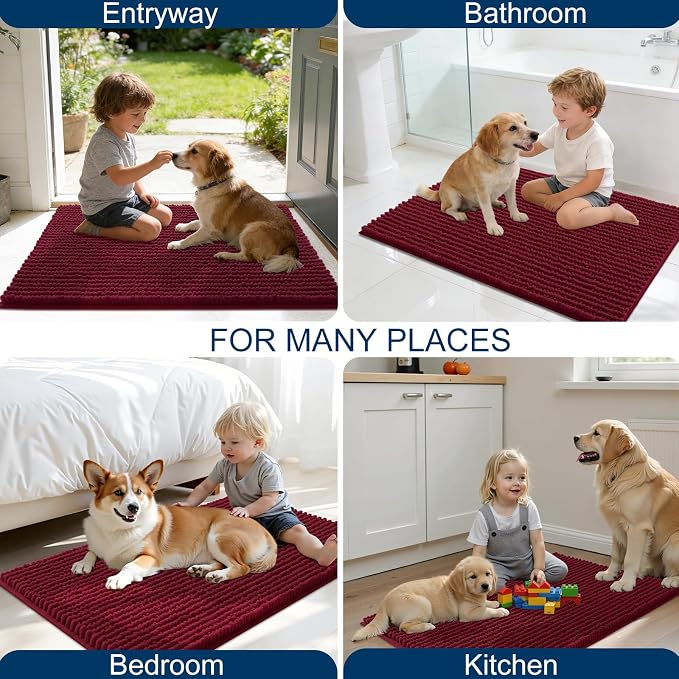 OLANLY Dog Door Mat for Muddy Paws 59x20, Extra Absorbent Chenille Mud Mat | Burgundy, Absorbs Moisture and Dirt, Non-Slip Machine Washable Doormat, Quick-Drying Indoor Entryway Floor Mat for Dogs