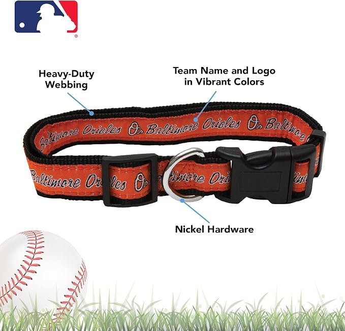MLB Baltimore Orioles Licensed PET COLLAR- Heavy-Duty, Strong, and Durable Dog Collar. Available in 29 Baseball Teams and 4 Sizes