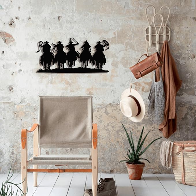 Black Metal Cowboy Wall Art, 3D Western Decor for Living Room, Rustic | Rustic 3D black metal cowboy sculpture, brings Western charm to living rooms, dens, or man caves