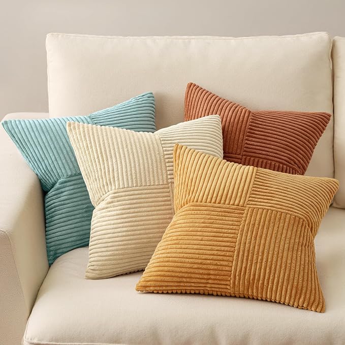 MIULEE Fall Boho Farmhouse Decorative Throw Pillow Covers 20x20 Inch 4 Packs Soft Vintage Pillow Cases Modern Corduroy Patchwork Cushion Covers for Couch Sofa Bed Home Decor, Teal-Rust
