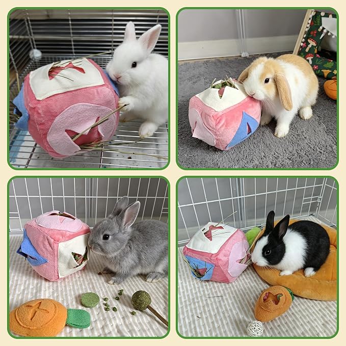 Rabbit Foraging Toy with Bell,Puzzle Feed Game Guinea Pig Fun Enrichment Toys Boredom Relief,Washable Snuffle Interactive Treat Ball Dispenser Exercise Bunny Toys for Indoor Bunnies(Pink)