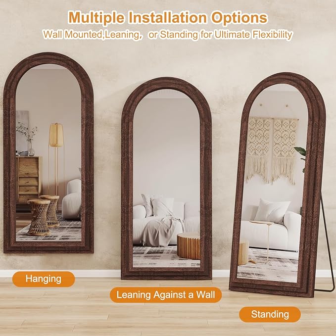 ZHUNFA External Three-Layer Arched Full Length Mirror with Solid Wood Frame | 71x32 Modern Farmhouse Decor Standing Mirror Full Length, Wall Mounted, Leaning, Standing for Bedroom, Living Room, Brown.