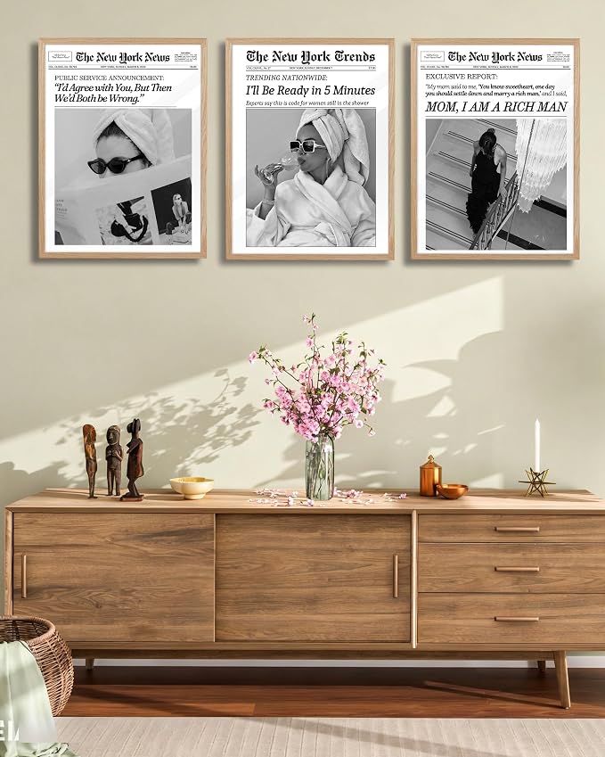 EcoHest 12x16 in I'll Be Ready in 5 Minutes Newspaper Framed Wall Art | Natural Oak Wood Frame with Canvas Wall Art, Feminist Newspaper Wall Decor for Bathroom, Bedroom, Apartment, Dorm Room, 1Pack