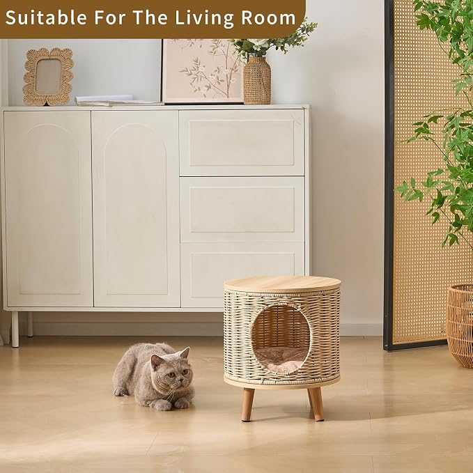 Rattan Cat House End Table, 2-in-1 Cat Bed Side Table, Stylish Pet Furniture for Indoor Cats in Living Room and Bedroom Natural