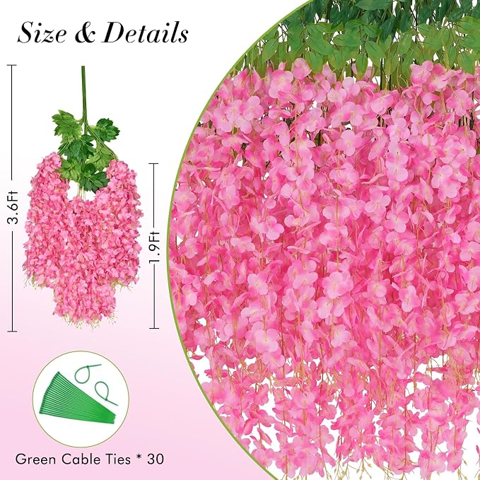 36 Pack Wisteria Hanging Flowers, 3.6 Feet/Pcs Pink Wisteria Artificial Flowers, Fake Flowers Garland, Hanging Vines for Bedroom Wedding Home Party Wall Decoration