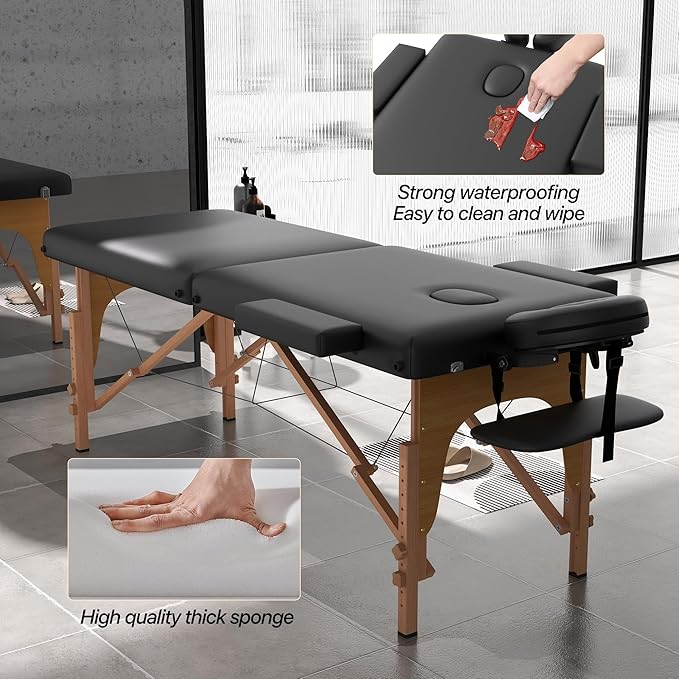 Massage Table, Portable 2 Section Foldable Tattoo Bed, Height Adjustable Lash Spa Bed with Face Cradle, Home Light Weight Facial Salon Bed with Wood Frame, Black