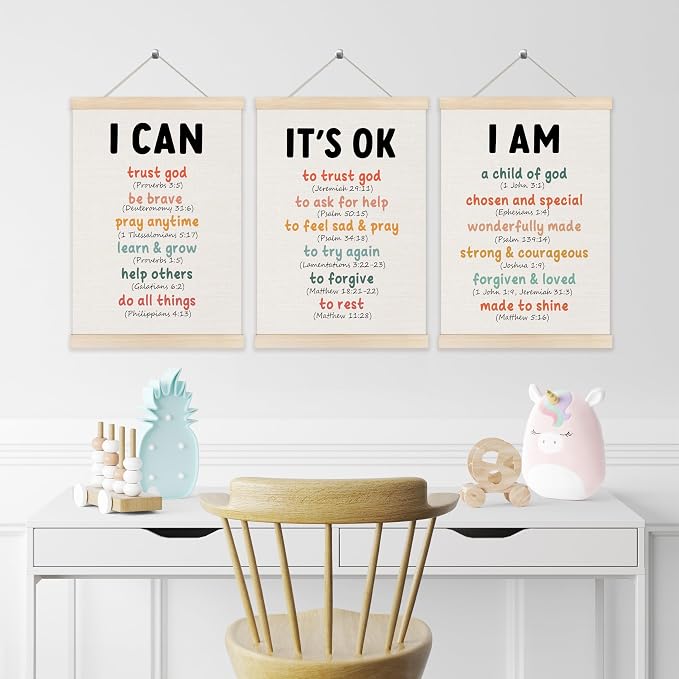 Koesus Inspirational Christian Classroom Wall Art Poster Hanger Frame 12x16 Inch Set of 3, Positive Affirmations for Kids, Motivational Canvas Pictures Prints Framed Wall Decor for Classroom Kids Room Playroom