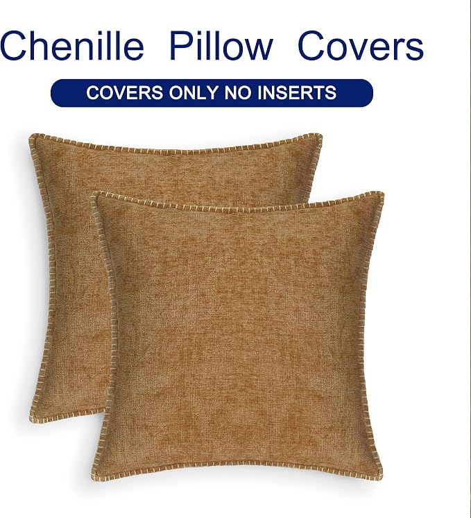 CaliTime Decorative Couch Throw Pillow Covers 22 X 22 Inches Apricot Brown | Pack of 2, Cozy Chenille Cushion Cases, Cotton Thread Stitching Edges, for Sofa Bed Living Room Farmhouse