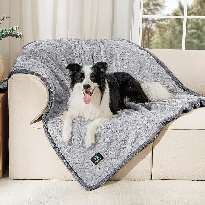 Luciphia Waterproof Dog Blanket, Reversible Sherpa Fleece for Couch Cover | Reversible waterproof pet blanket soft fleece machine washable protect couch bed, Light Grey 65" x 57"