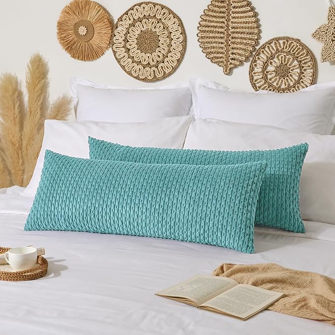 Kevin Textile Soft Corduroy 14"x36" Lumbar Pillow Cover 1 Pack, Aqua Green | Boho Stripe Plush Corduroy Decorative Oblong Cushion Cover Modern Farmhouse Home Decor for Sofa Couch Bed Chair