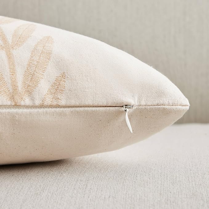 Farmhouse Leaves Throw Pillow Covers Set of 2, 22x22in Mixed Beige | 100% Organic Cotton, Rustic Accent Print Pillow Case, Pastoral Decorative Cushion Covers for Sofa Bed Living Room Home Decor