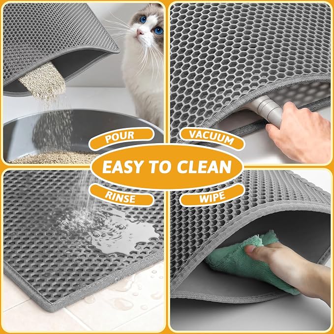 Pieviev Litter Box Mat, Double-Layer Urineproof Design, 30" x 24" Gray | Honeycomb Litter Trapping Mat Captures Scattered Particles to Stop Tracking, Waterproof Base Protects Floors, Easy to Clean