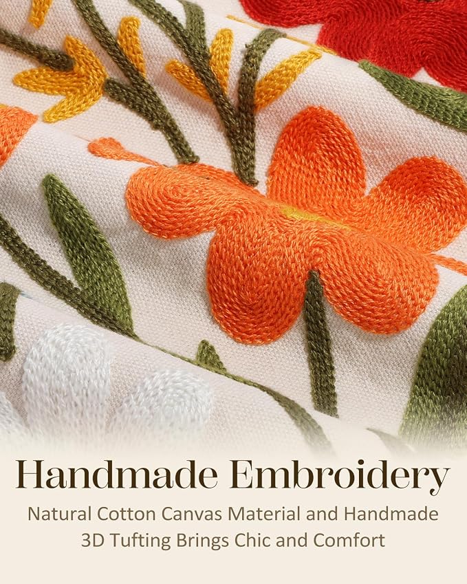 Embroidered Throw Pillow Covers 18x18 Inch, 2Pack, Flower Cluster | Decorative Pillow Covers Set of 2, Floral Cushion Cases with Hidden Zipper, Farmhouse Decor for Couch, Sofa, Living Room