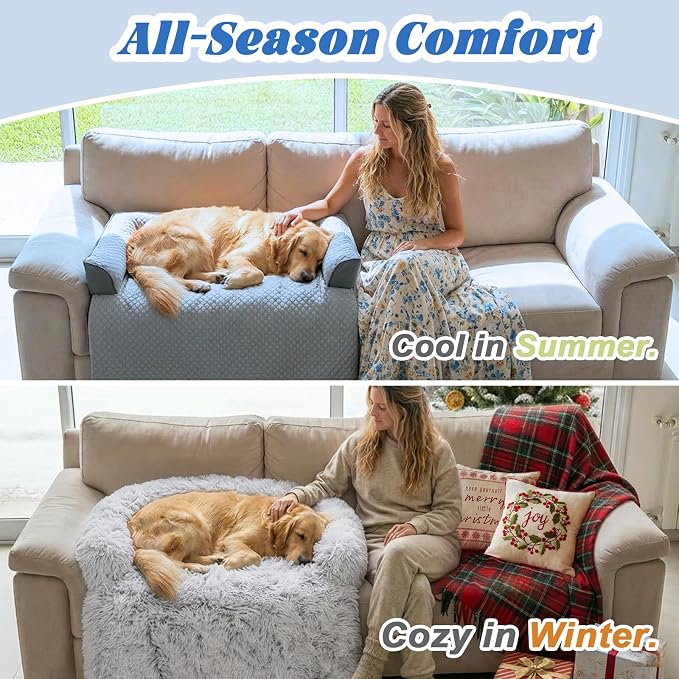 GGIB Cooling Dog Bed Mat with Bolster Pillow Washable Dog Couch Cover Breathable Summer Pet Couch Bed Protector Indoor(Small, Cooling Grey)