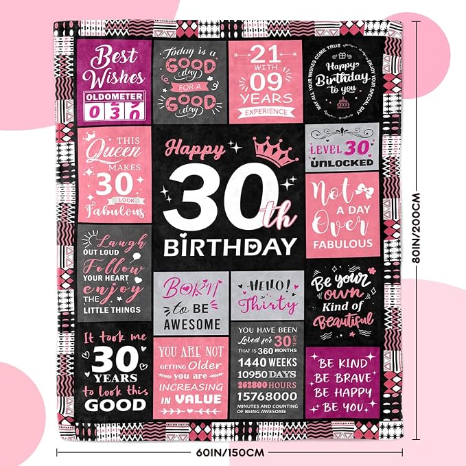 30th Birthday Gifts for Women, Happy 30th Birthday Blanket 60" x 80" | 30 Year Old Birthday Gifts for Women, Daughter, Friend, 1996 30th Birthday Decorations for Her
