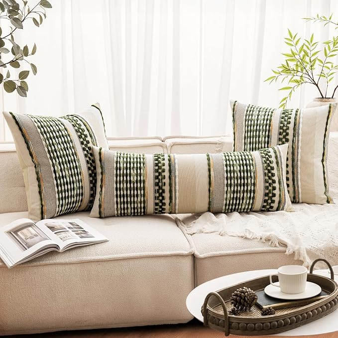 ANRODUO Boho Decorative Pillow Covers Olive Green Stripe 22x22 Pack of 2 | Euro Throw Pillow Covers, Farmhouse Cushion Case, Chenille Pillow Cases, Pillow Covers, Neutral Pillowcase for Sofa Couch Bed