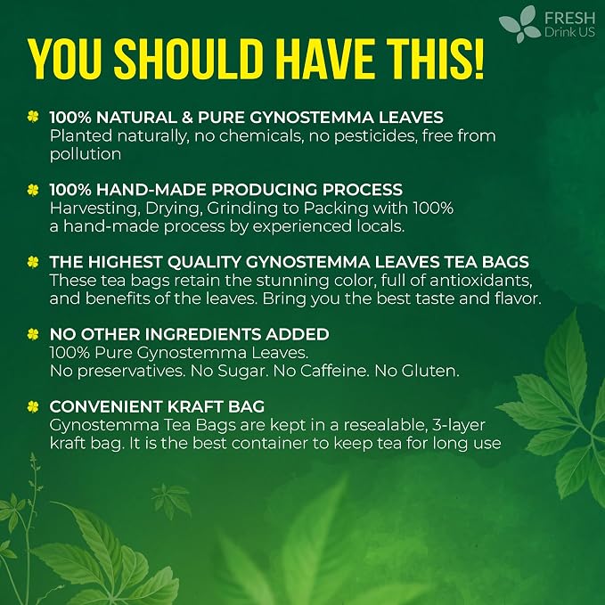 FreshDrinkUS, Premium Gynostemma Tea Bags (Jiaogulan) | 75 Count | Naturally Smooth & Earthy Caffeine-Free Herbal Tea – Plant-Based Tea Bags for Daily Enjoyment. Caffeine Free, Sugar Free. Vegan