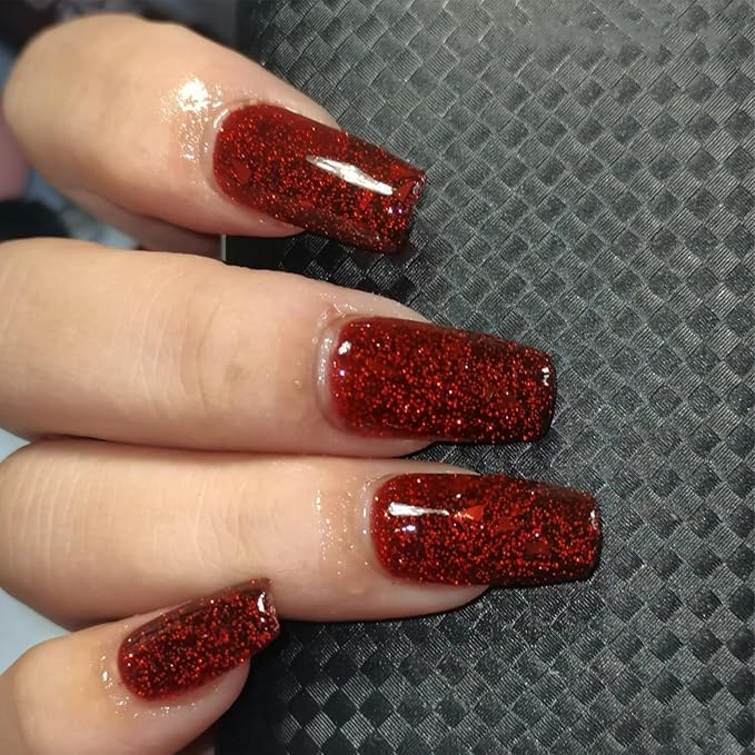 COSMOO 12ml Red Glitter Nail Polish, Burgundy Glitter Quick Dry Nail Lacquer, Wine Nail Art Varnish