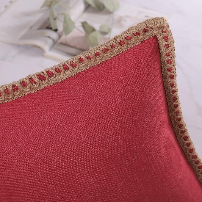 Phantoscope Farmhouse Solid Throw Decorative Pillow Cover Burlap Linen Trimmed Tailored Edges Outdoor Pillow Red 20 x 20 inches, 50 x 50 cm, Pack of 1