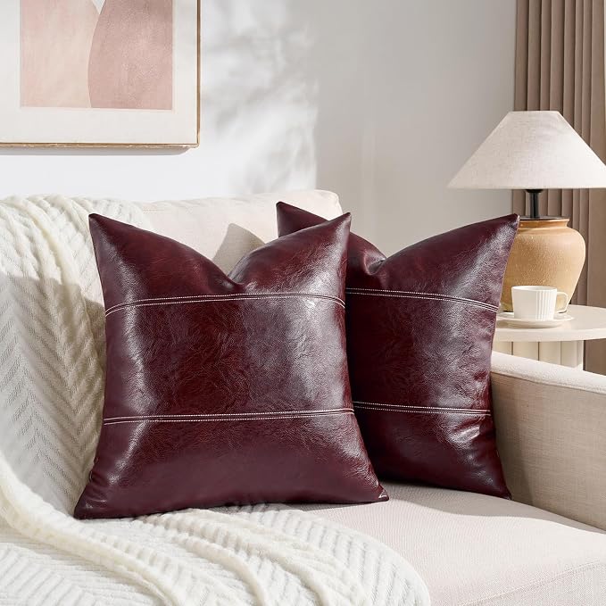 Fancy Homi Burgundy Faux Leather Decorative Throw Pillow Covers 16x16 Inch for Living Room Couch Bed, Modern Farmhouse Boho Home Decor, Wine Red Hand Stitched Accent Square Cushion Case 40x40 cm