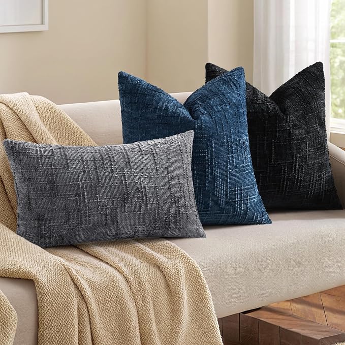 decorUhome Textured Chenille Throw Pillow Covers 12x20 Set of 2 Dark Grey | Fall Modern Farmhouse Soft Cozy Slubby Couch Pillow Cases Boho Decorative Pillow Cases for Bed Sofa Living Room Home Decor