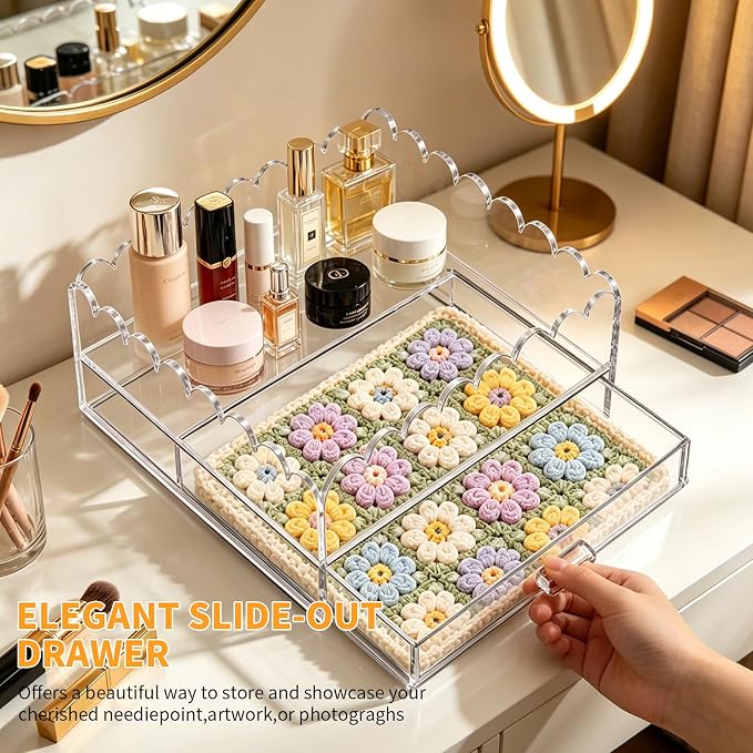 Scalloped Acrylic Tray, 9" x 9" Clear Acrylic Tray with Drawer for Needlepoint,Jewelry,Insert Photos, Art, Fabric, Napkin and Messages Display Basket, Decorative Tray Gift for Home Decor