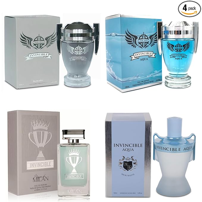 A CENTER Men's Cologne Gift Set of 4(MilanInvin&InvincibAquaSP&MCH&GREY) - 3.4 Fl Oz Each | Vanilla Bourbon, Leather & Amber Floral Fragrance | Luxury Eau de Toilette