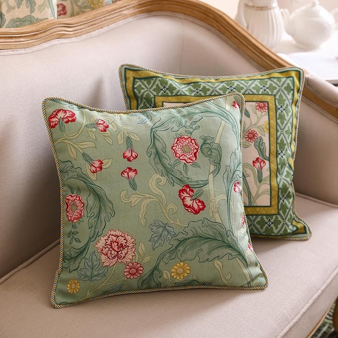 patdrea French Vintage Linen Throw Pillow Cover,18"x18",Set of 2-Cecilia B | Decorative Pillow Case with Zipper,Green Floral Pattern,Cushion Coverfor Couch Living Room Bedroom Sofa