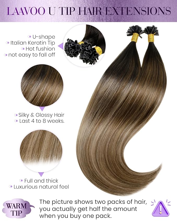 LaaVoo U Tip Hair Extensions Human Hair Ombre Dark Brown to Chestnut Brown with Ash Brown Utip Hair Extensions 1g/1s 50g 24 Inch