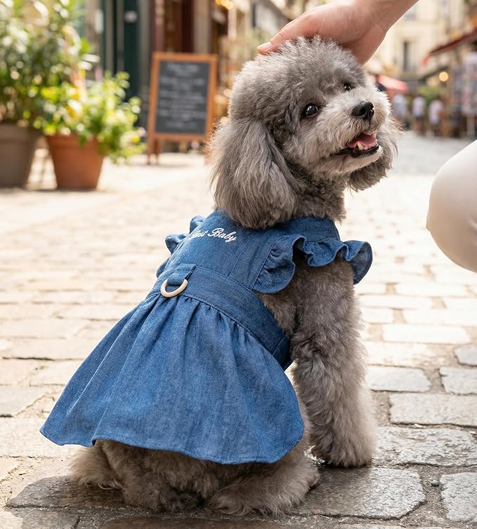 Denim Cat Dog Dress Clothes for Small Dogs with Leash Ring Summer Girl Small Dog Clothes Outfit Belly Velcro Fastening Cat Outfits&Apparel for Girl