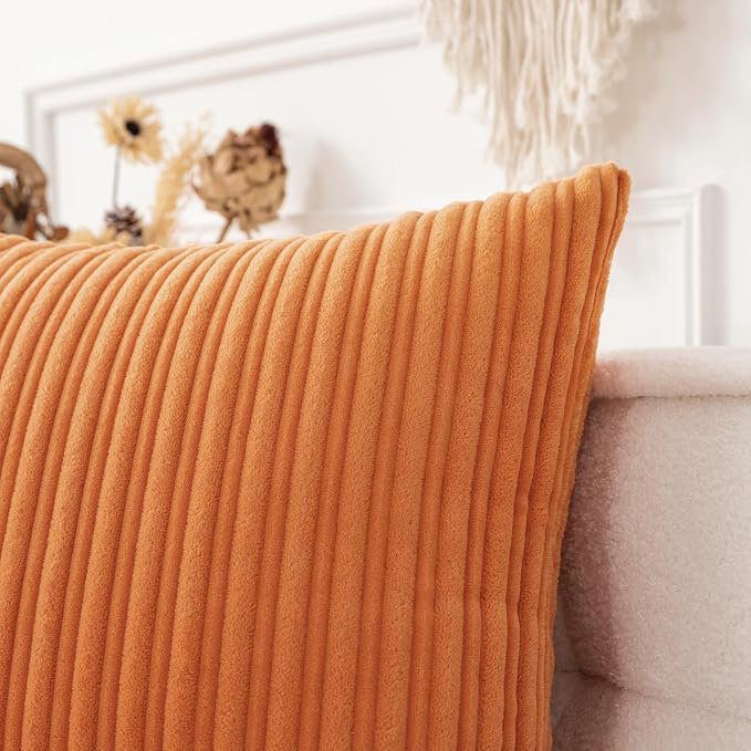 UGASA Fall Decorative Soft Velvet Stripe Pillow Covers Set of 2 Solid Corduroy Textured Euro Cushion Cases for Couch Bedroom Sofa Farmhouse, 24x24 Inch, Orange
