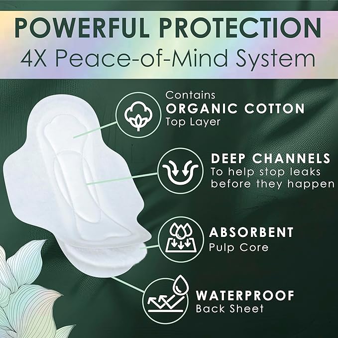 L. Ultra Thin Pads for Women, Overnight Absorbency, Organic Cotton Top Layer, Unscented Pads with Wings, 96 Count (4 Packs of 24)